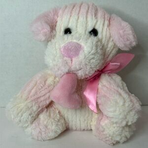 Stuffed Animal 7in Dog Plush Pink White Holding Pink Heart 7in Inter American
